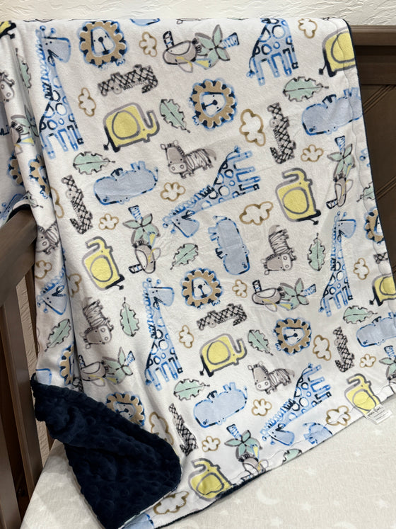 Infant Minky 29" X 39" - Zoo Babies w/Navy Dimple Dot